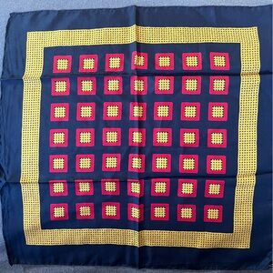 Vintage Italian Silk Bandana Scarf Geometric Navy Red Yellow 18”- Handroll edges